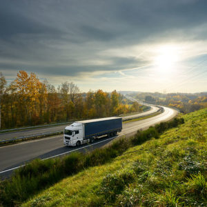 HGV on the road at sunrise to promote Greenfield Risk Solutions Insurance Brokers Training Driver Scheme